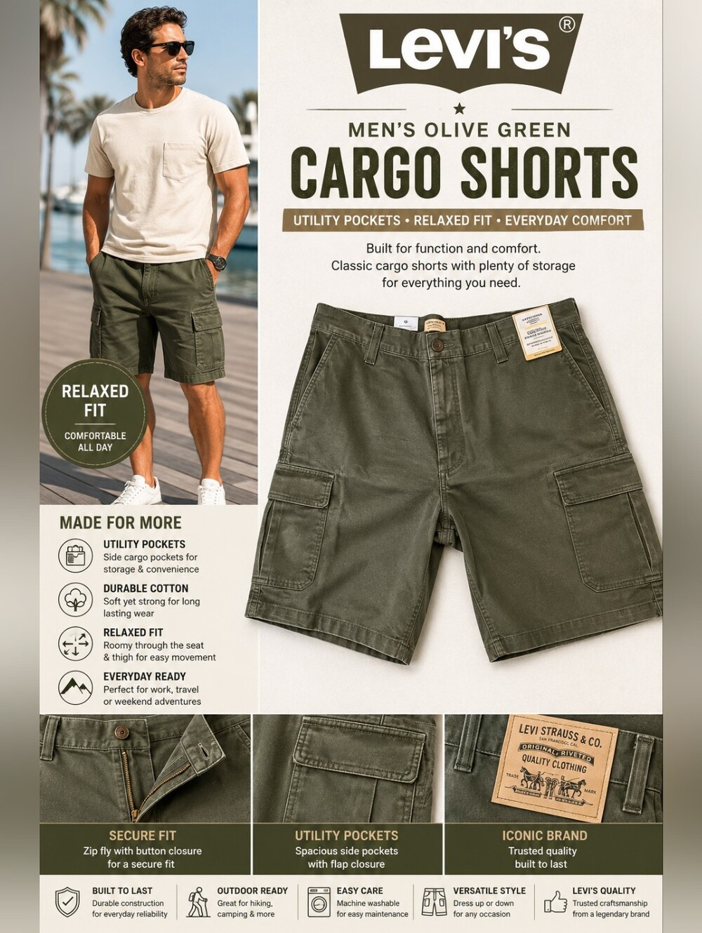Levi’s Men’s Olive Green Cargo Shorts Utility Pocket Casual Shorts